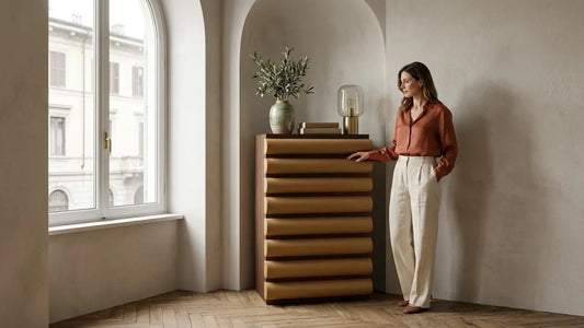 fluted-cabinet.jpg Woman standing beside a custom fluted wood cabinet designed to turn an awkward corner into stylish storage.