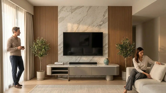 Custom TV feature wall with floating media console, wall-mounted TV, soundbar, and natural light in a modern Singapore living room