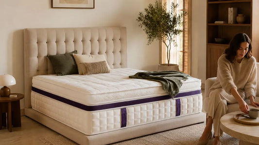 Day bed frame in a modern multi-use room with neutral styling and soft blue accents