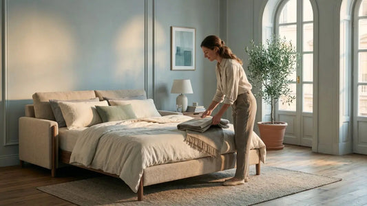 Sofa bed opened as a guest bed in a calm modern room with soft neutral bedding