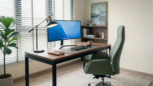 Home desk with monitor, task lamp, blinds, and side daylight to reduce screen glare and eye strain