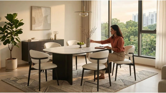 Woman seated on an upholstered dining chair showing proper seat height and table clearance