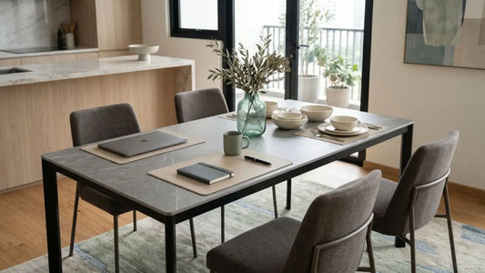 Sintered stone dining table styled with laptop, notebook, coffee mug and dinner settings in a modern Singapore condo dining area