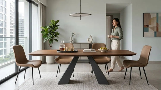 Rectangular wooden dining table with brown dining chairs in a modern Singapore HDB dining area, showing clear room flow beside the kitchen and windows.
