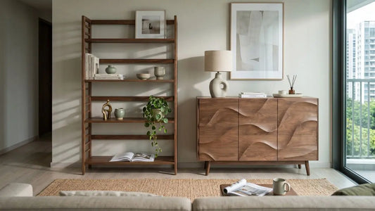 Wooden closed storage cabinet beside open shelving in a modern Singapore apartment.