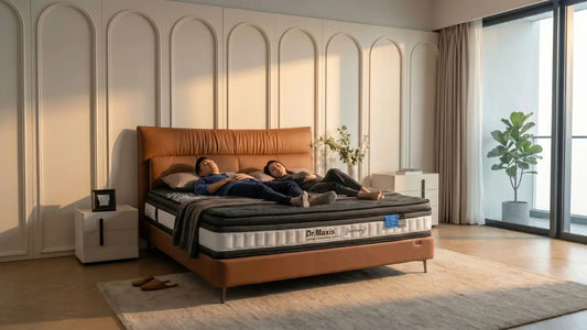 Dr Maxis mattress for back and stomach sleepers in a spacious modern bedroom with leather headboard