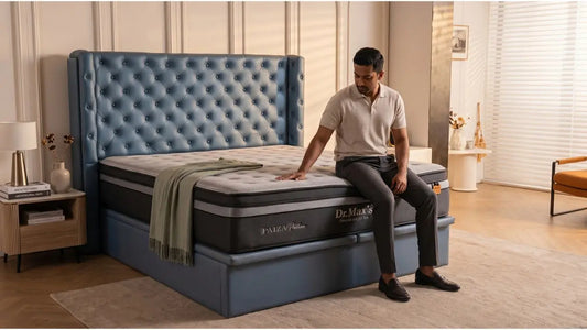Man testing the surface of a Dr Maxis mattress in a warm bedroom with blue tufted headboard