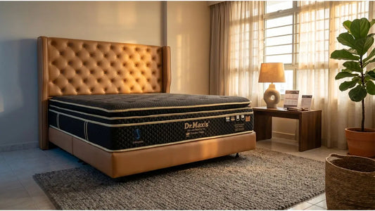 Dr Maxis mattress in a warm Singapore bedroom showing mattress specs and layered construction