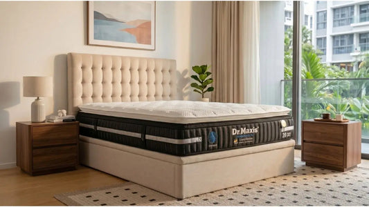 Dr Maxis thick mattress on a beige bed frame in a modern Singapore bedroom