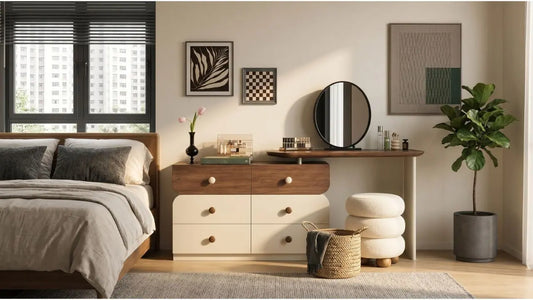 Dressing table paired with a cushioned stool in a warm modern bedroom with round mirror