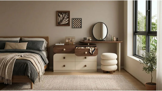 Dressing table storage with drawers, round mirror, makeup tray, and cushioned stool in a modern bedroom
