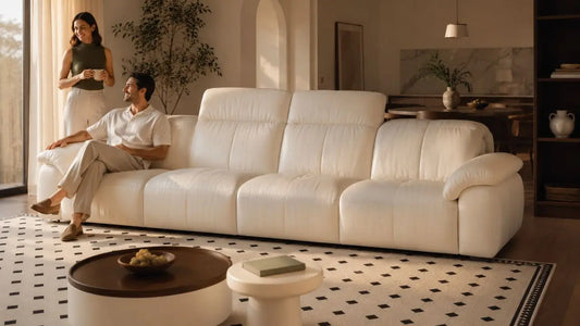 Cream leather sofa in an Italian-inspired living room showing durable furniture for busy households