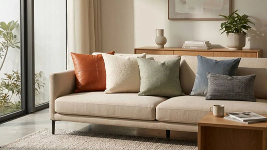 Durable throw pillows in leather, linen, and textured fabric arranged on a neutral sofa in a bright Singapore living room.