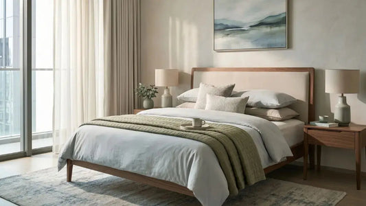 Lightweight bedding with quilted layer on a neutral bed in a Singapore condo bedroom