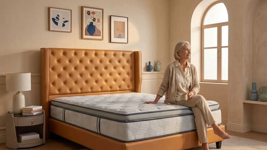 Elderly woman sitting comfortably on supportive mattress with upholstered bed frame in warm bedroom