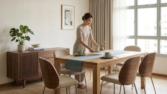 Singapore condo dining area with a wood dining table, matching chairs, and calm modern styling for a solid wood vs engineered wood comparison.