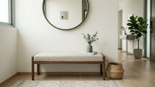 Wooden upholstered bench in a neutral Singapore entryway with round mirror, woven basket, and warm wood flooring.