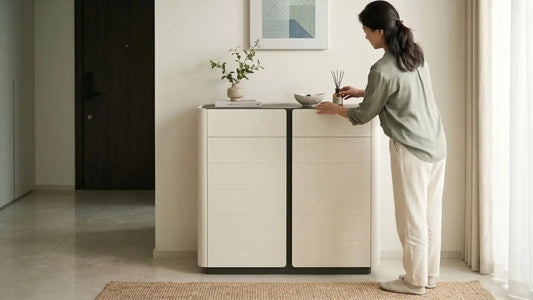 Entryway shoe cabinet with swing-door storage drawer for Singapore home organisation