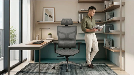 Ergonomic mesh chair with study desk and wall storage for a tidy home office setup