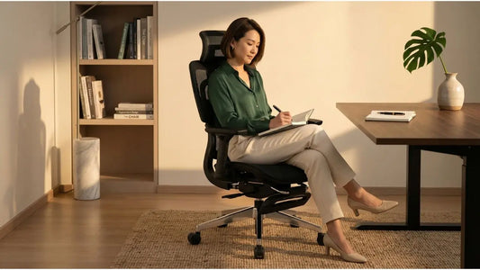 Woman writing in an ergonomic mesh office chair beside a wooden desk in a warm home office
