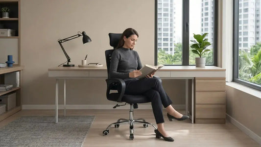 Woman reading in an ergonomic office chair in a modern Singapore home office with natural light