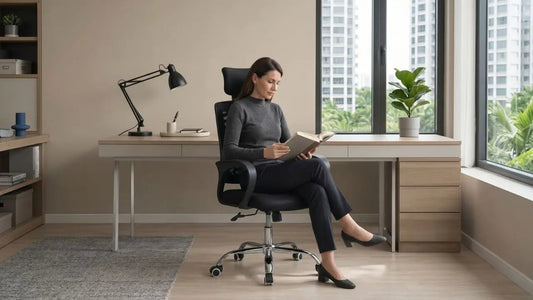 Woman reading in an ergonomic office chair in a modern Singapore home office with natural light