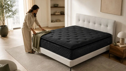 Esteller upholstered bed in a warm modern bedroom styled for room measuring and furniture planning