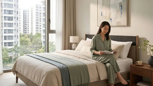 Modern Singapore condo bedroom with Esteller-style bed, lounge chair, and sintered stone coffee table in warm natural daylight