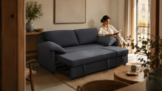 Charcoal grey sofa bed in a warm Italian-inspired living room, showing timeless furniture for a home designed to last for years.