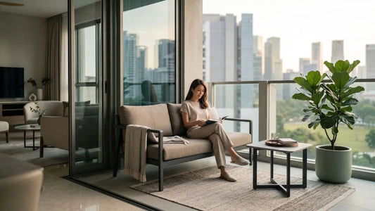 Woman reading on an outdoor sofa on a Singapore condo balcony with a side table, planter, and city view.