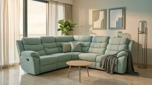 Mint green recliner sofa in a calm Singapore living room with warm daylight and modern neutral styling.