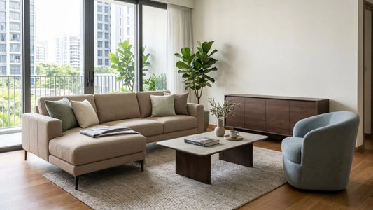 Beige chaise sofa in a bright Singapore condo living room with wood sideboard, coffee table, plants, and balcony windows.
