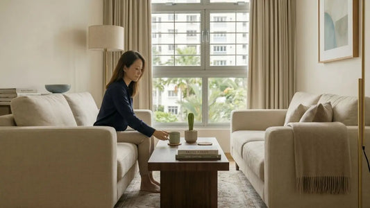 Singapore living room with beige sofas, warm wood side table, and a calm first-home setting by Esteller