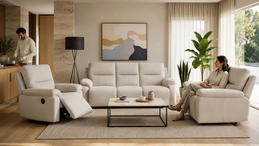 Cream recliner sofa set in a warm modern living room with coordinated wood panelling and stone coffee table styling