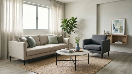 Calm HDB living room with neutral sofa, grey armchair, sheer curtains, round coffee table, and warm European-inspired styling.