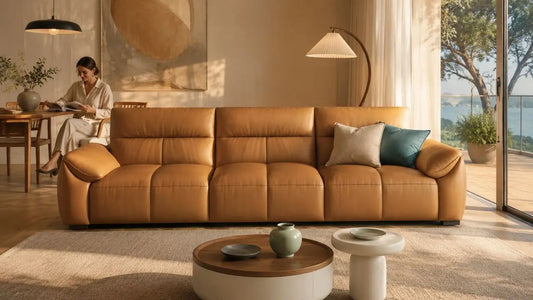 Italian-inspired living room with caramel leather sofa for expats seeking European design furniture in Singapore