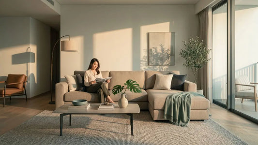 Woman reading on a neutral fabric sofa in a Singapore living room with warm afternoon light, layered shadows, and a modern European interior feel.