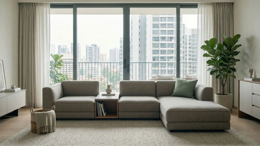 European-inspired modular sofa in a bright Singapore condo living room with neutral upholstery, city views, and soft curtains