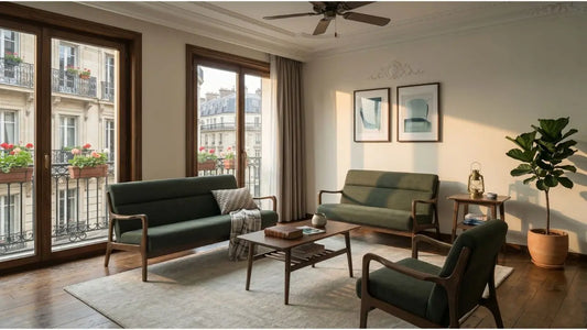 European-inspired living room with green upholstered wood frame sofas, showing furniture that ages well with timeless proportions