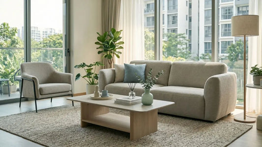 European-inspired living room in a Singapore condo with neutral sofa, armchair, coffee table, indoor plants, and soft natural light.