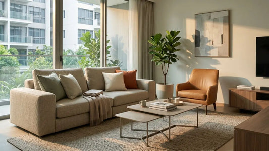 Beige sofa and leather armchair in a Singapore condo living room styled for expats setting up a home.