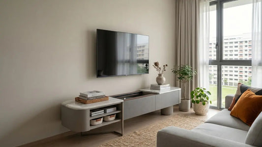 Extendable TV console in a modern Singapore HDB living room with wall-mounted television, marble-look top, soft neutral styling, and natural daylight.