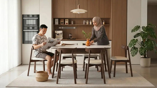 Fabric dining chairs with wooden frames around a modern dining table in a Singapore home