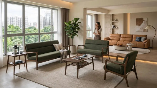 Fabric and leather sofas in a modern Singapore HDB living room with natural light