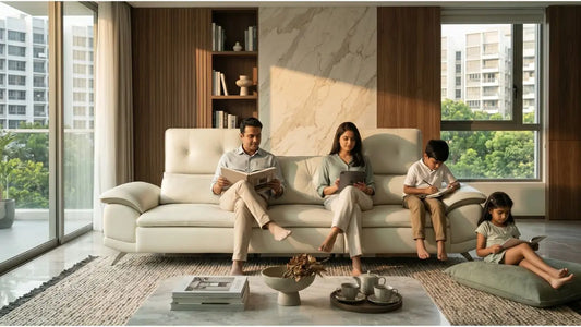 Family using a cream sofa in a condo living room, showing daily comfort from quality sofa suspension