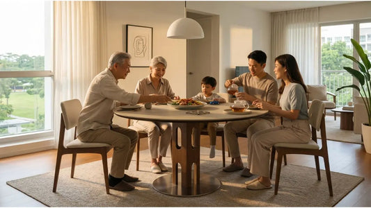 Multi-generation family dining together at a round table, showing practical dining room setup for visiting relatives