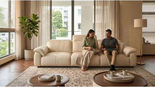 Couple relaxing on a cream leather sofa in a modern Singapore condo, highlighting family-friendly leather furniture and comfort