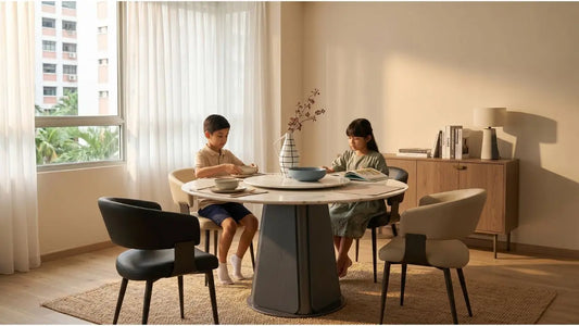 Children using family-friendly dining chairs around a round dining table in a bright Singapore home
