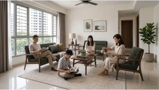 Family relaxing in a bright living room with green sofa, armchair, coffee table, rug, and child-friendly layout