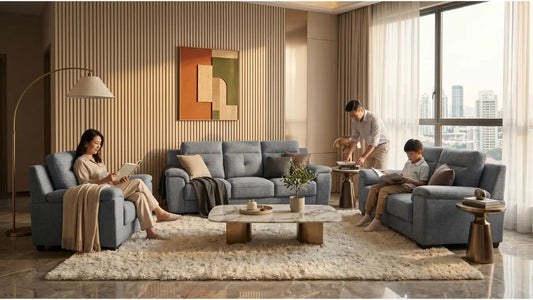 Family living room with grey sofas showing European design principles for a calm first home